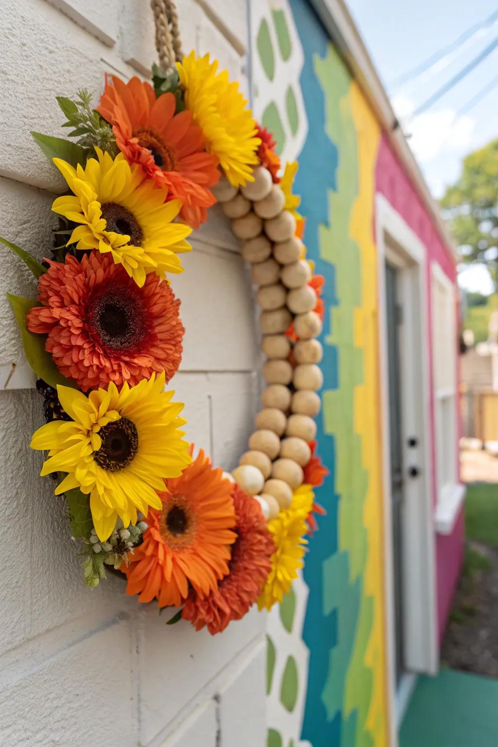 A colorful sunflower wreath that brightens any space.