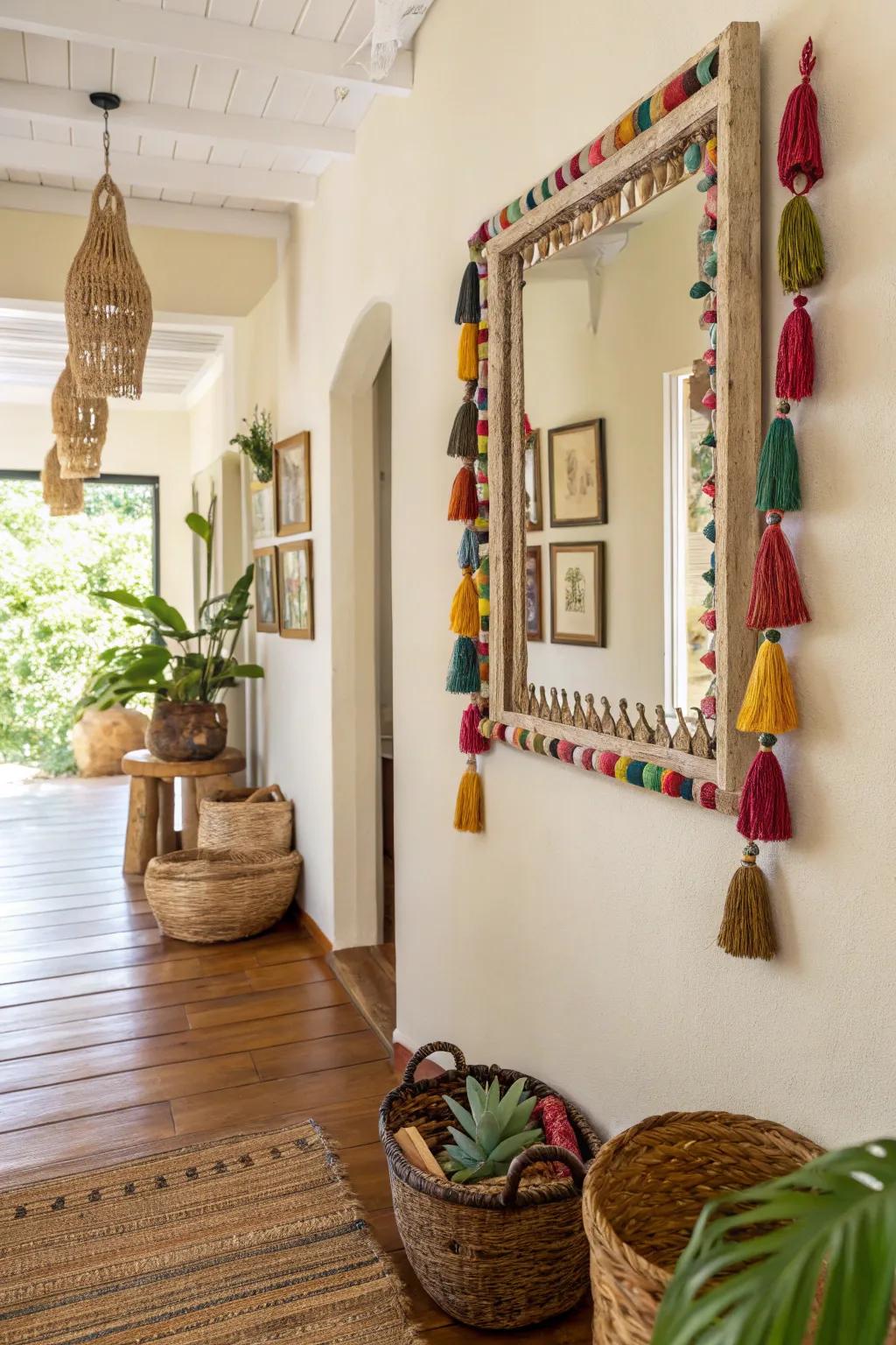 Bring boho vibes with a tassel embellished mirror.