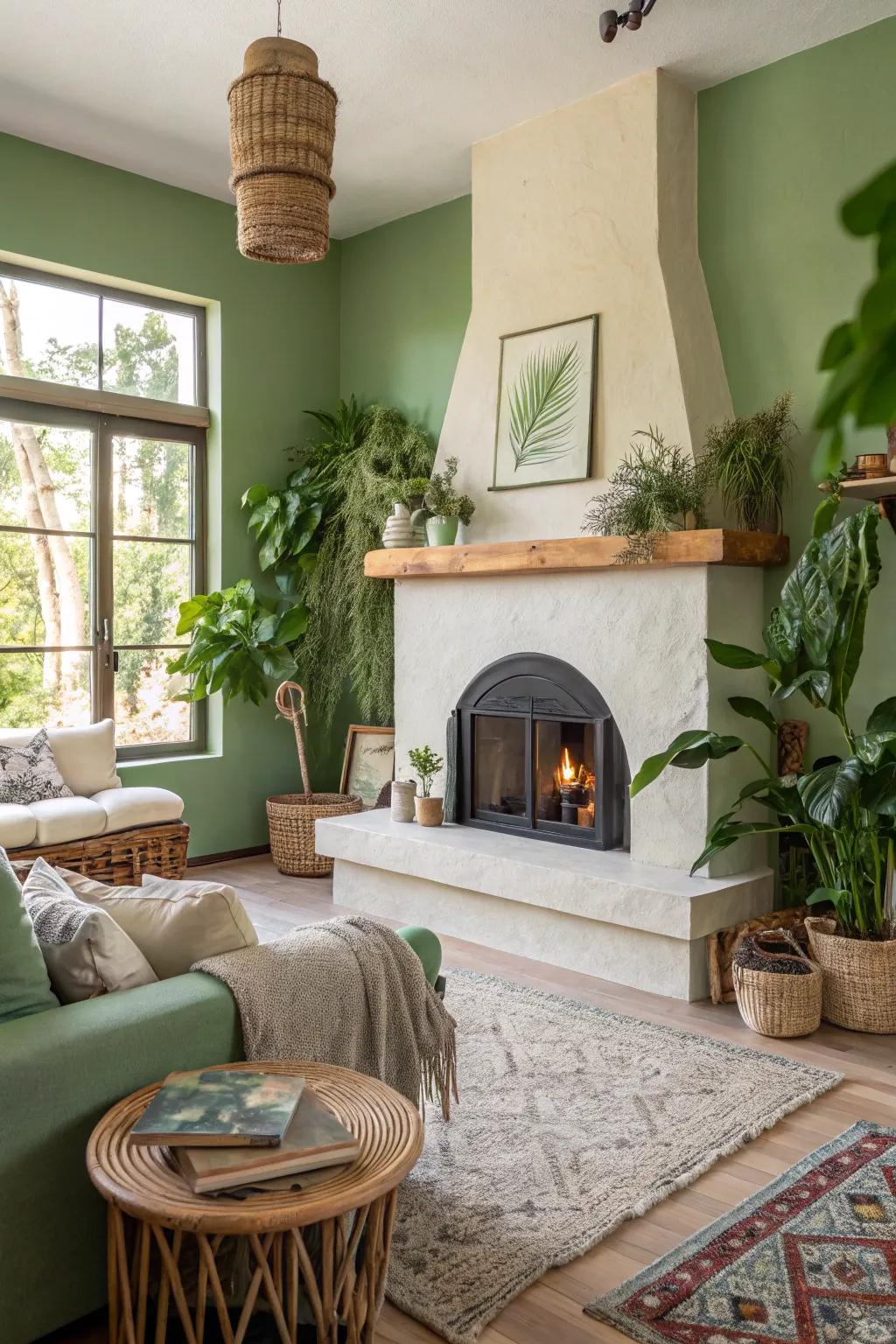 Eco-friendly stucco offers a sustainable design choice for this stylish fireplace.