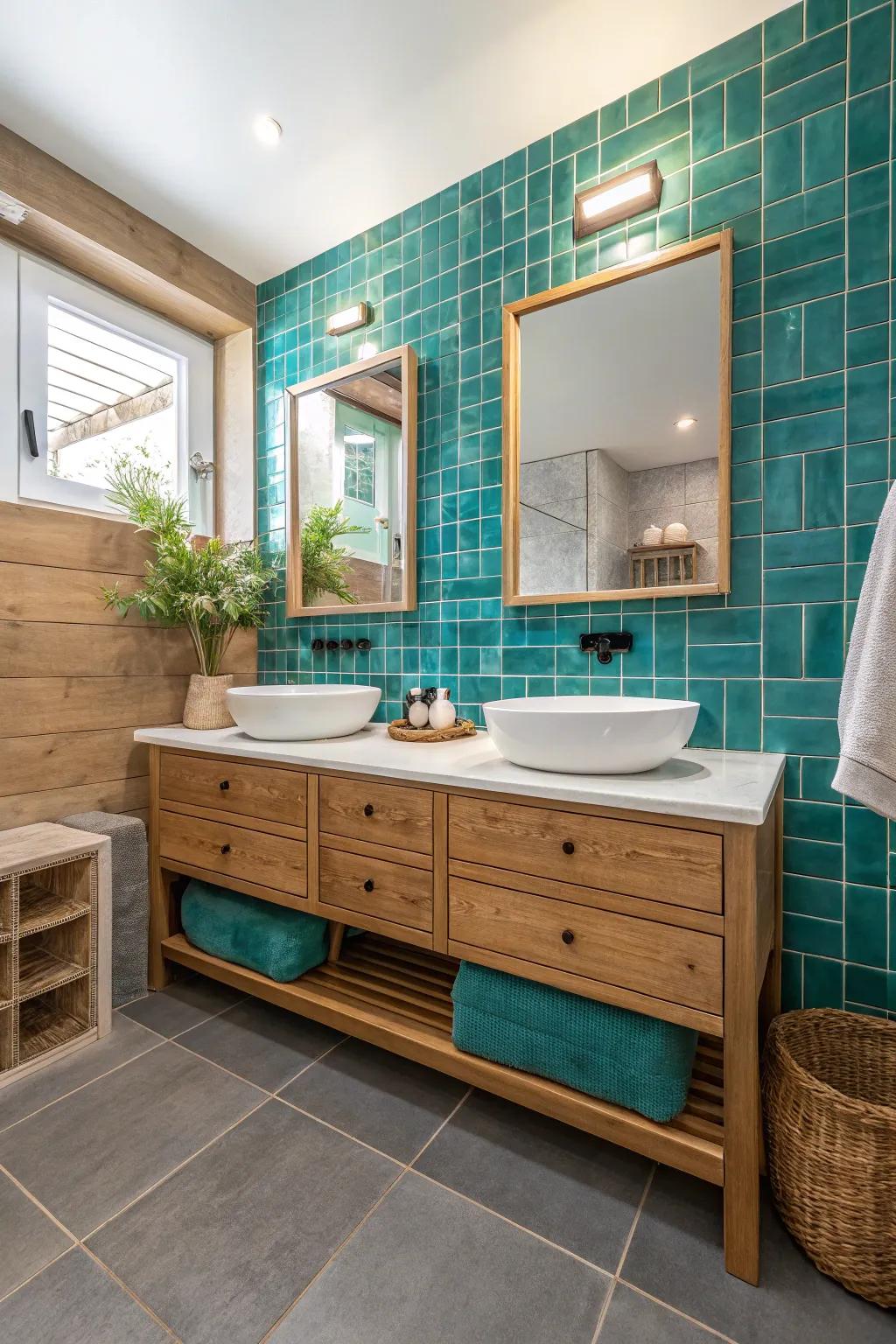 A warm and inviting bathroom with teal and natural wood elements.