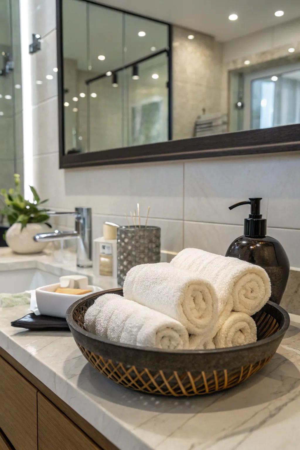 A bowl of towels adds a designer touch to any bathroom.