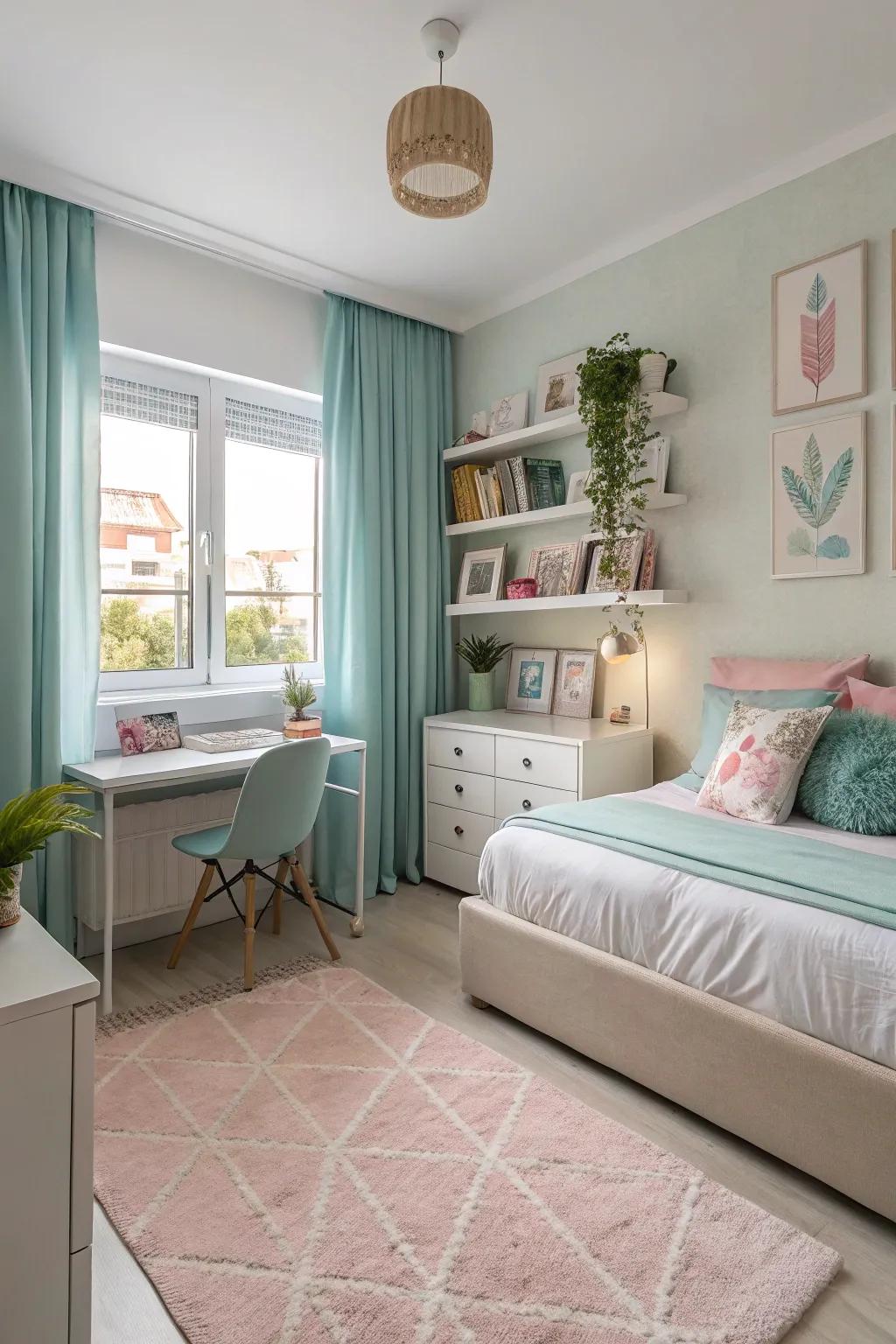 A cohesive color scheme ties the decor together in this townhouse bedroom.