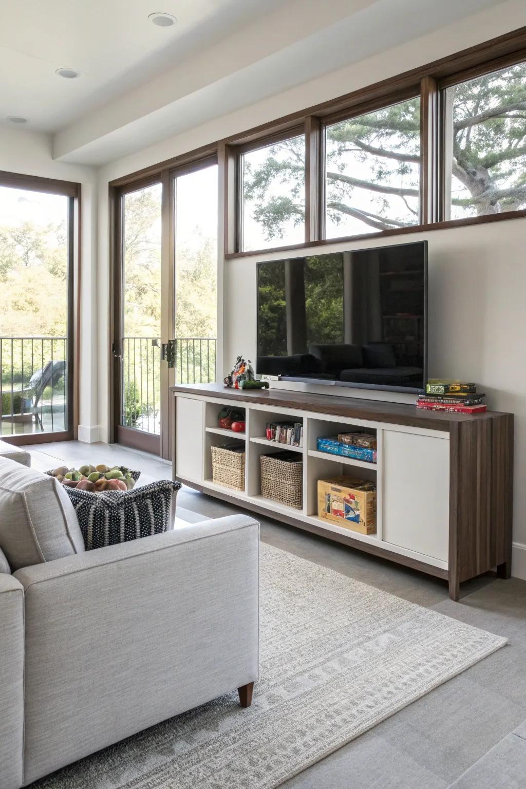 A sliding door console hides toys while saving space.