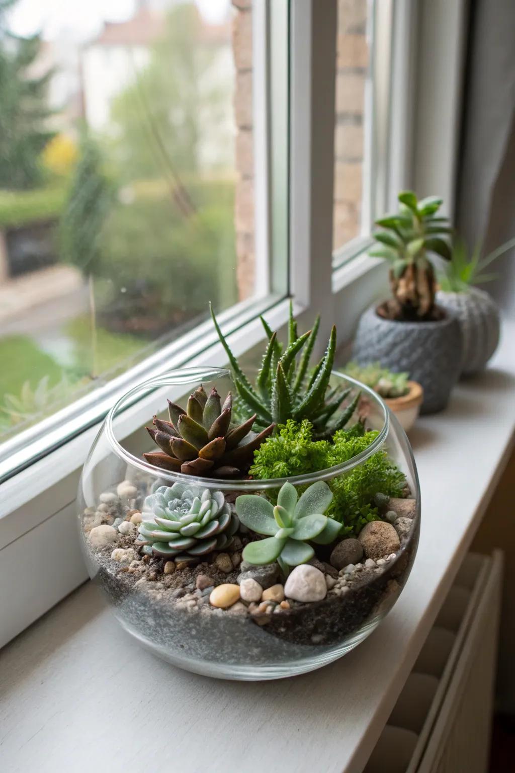 A DIY plant terrarium, a miniature indoor garden that brings life to any space.