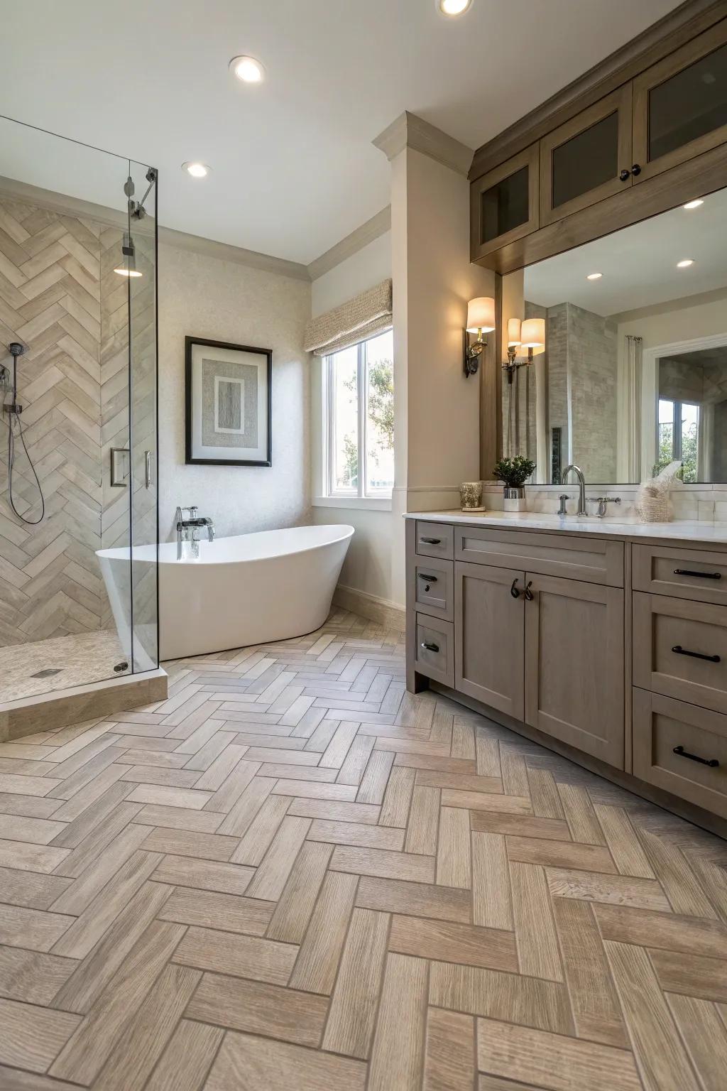 Herringbone pattern vinyl flooring adds classic elegance.