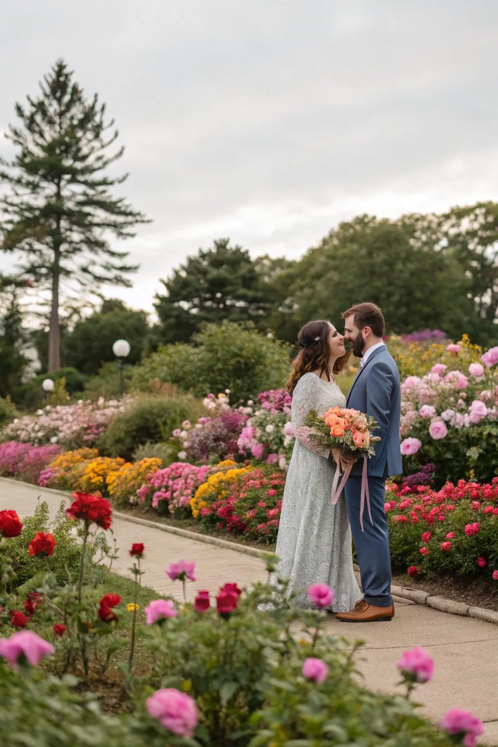 A serene vow renewal amidst the beauty of a botanical garden.