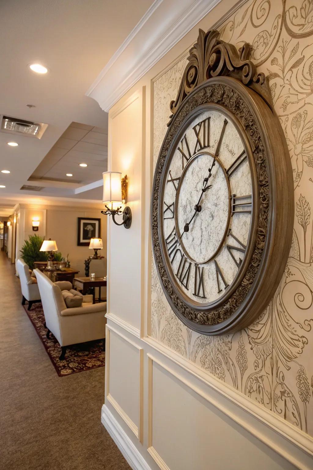 A statement clock adding both function and style to a corner.