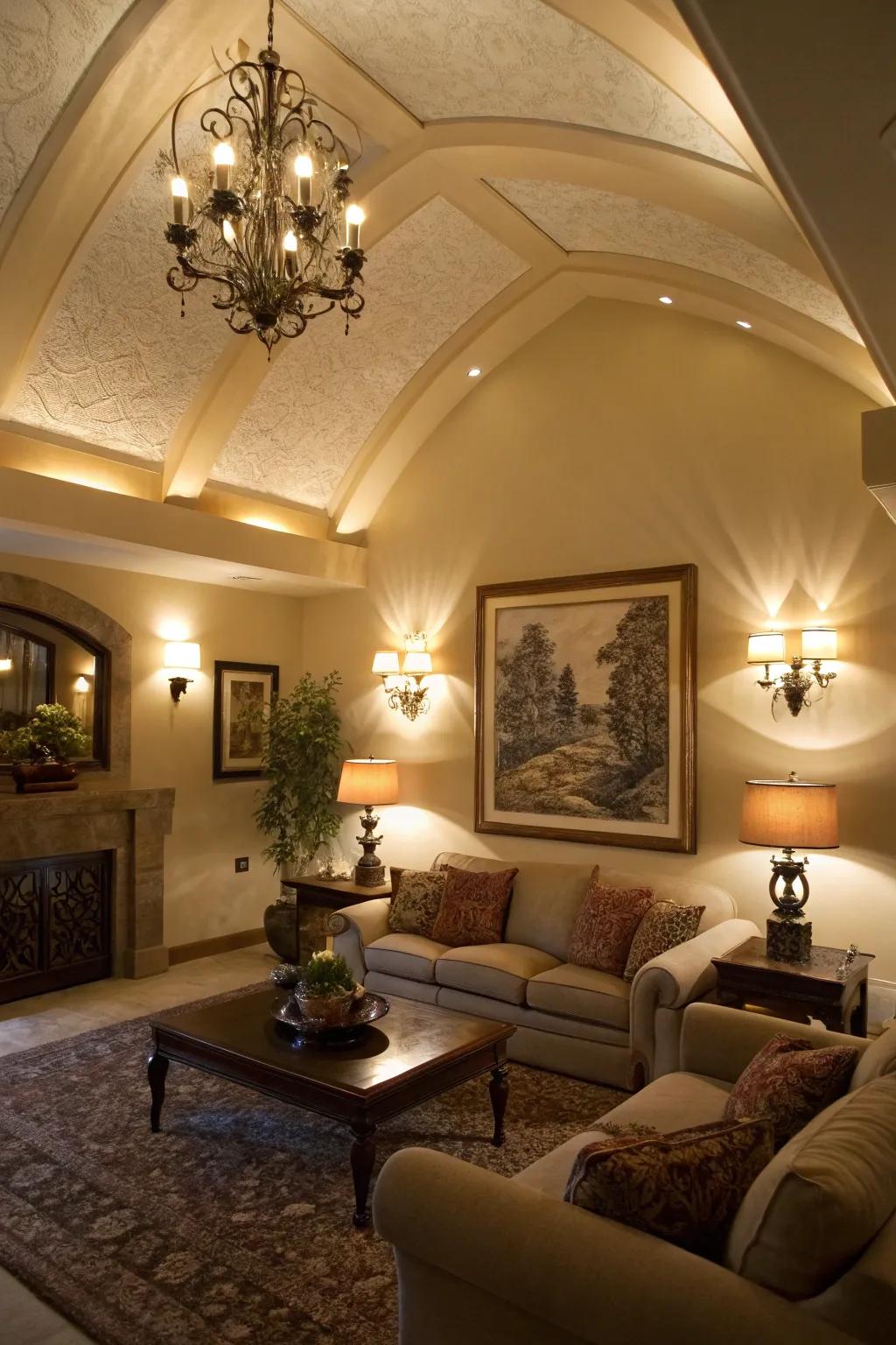 Wall lighting adds ambiance and highlights room features.