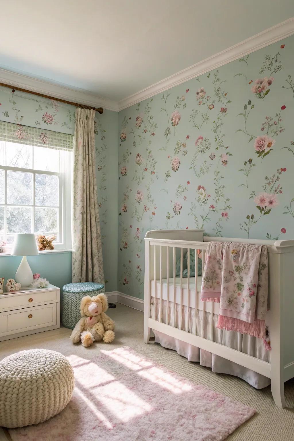 A dreamy nursery with floral wallpaper and pastels.