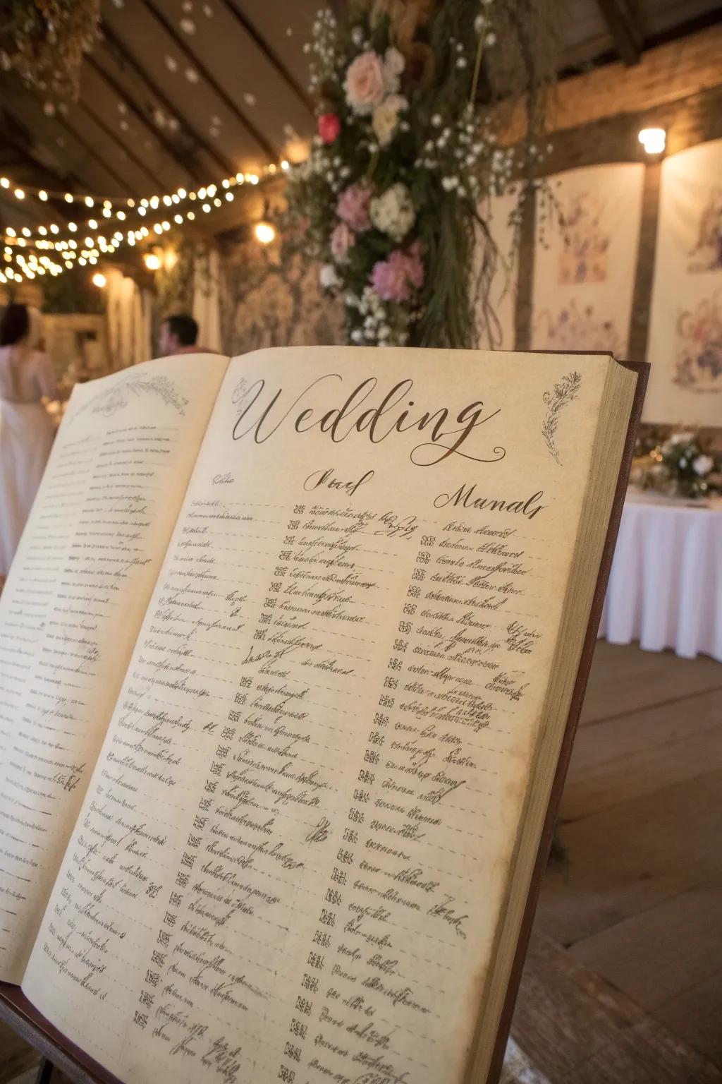 Vintage book pages creatively used as a seating chart, adding a storybook charm to a whimsical wedding.