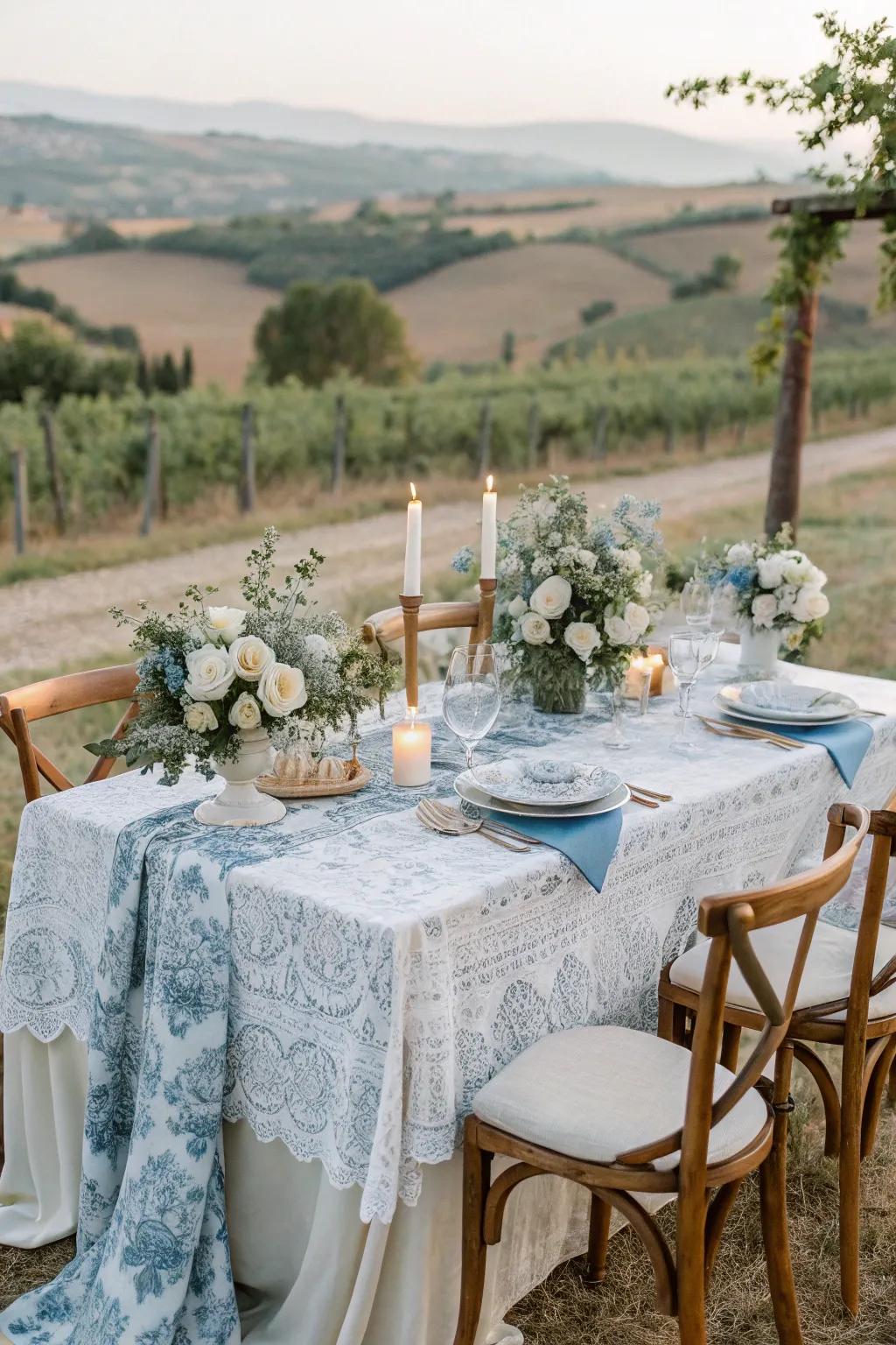 A French country wedding table setting with charming rustic elegance.