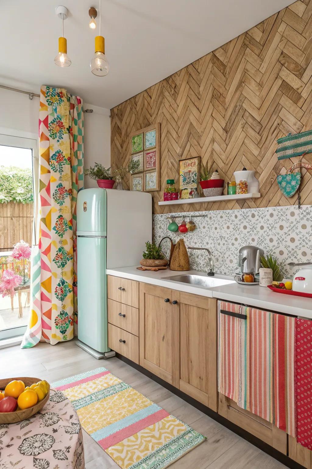 A playful kitchen featuring a whimsical patterned wood backsplash.