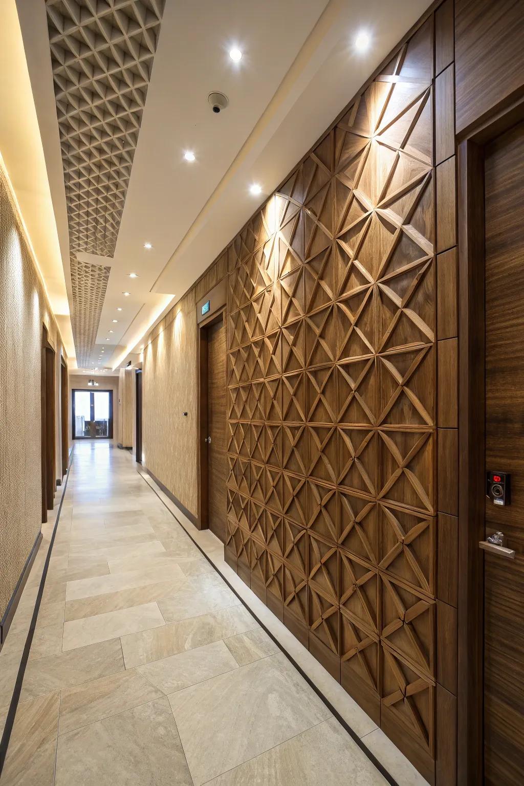 Hallway showcasing 3D geometric wood paneling with a glossy finish.