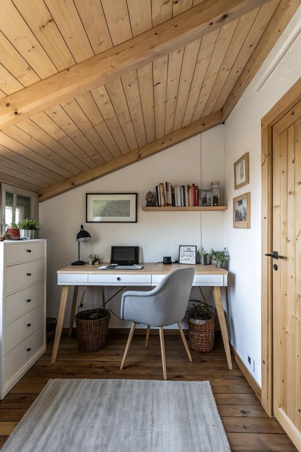 A simple wood ceiling adds warmth to this compact home office.