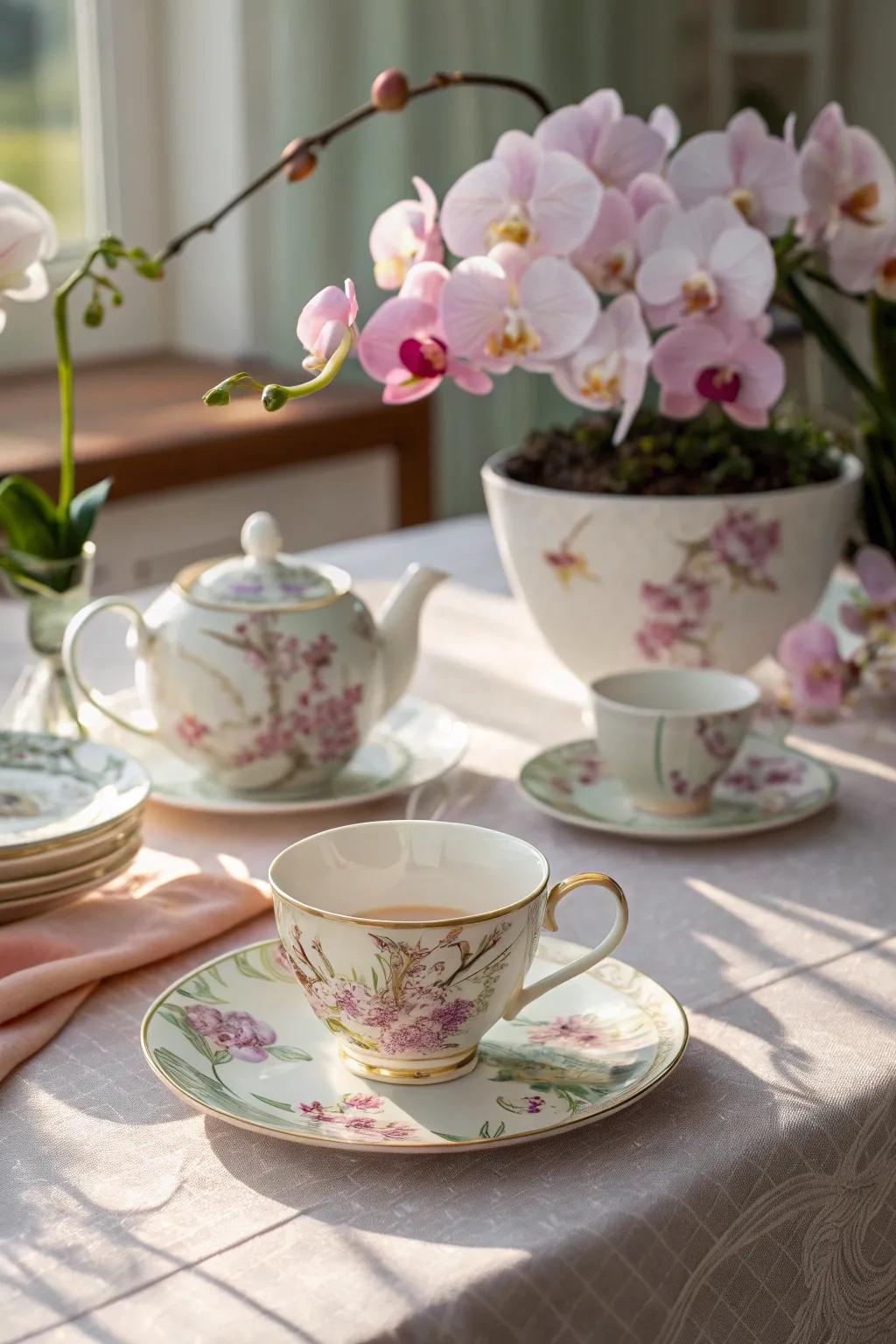 Enjoy a refined tea time with an orchid tea set.