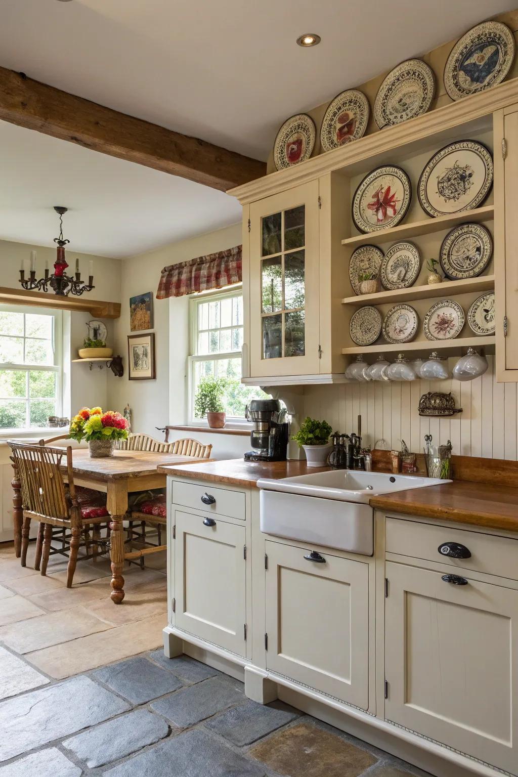 Themed decor above cabinets enhances the kitchen aesthetic.