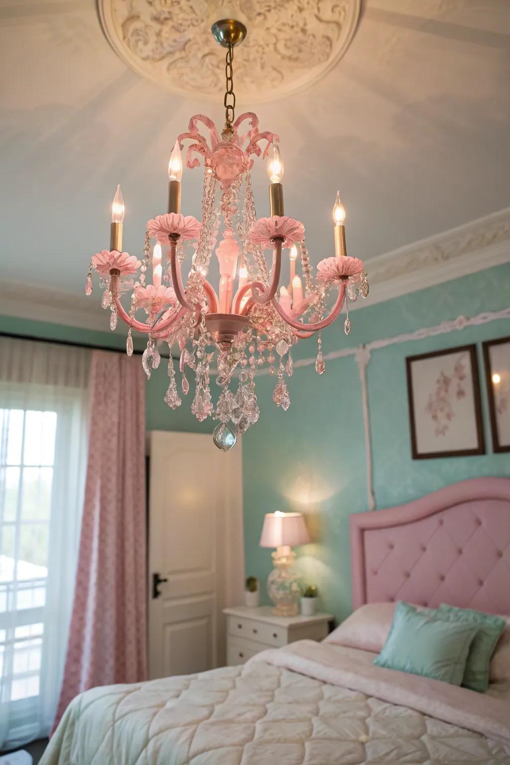 A pink chandelier serves as a statement piece in the bedroom.