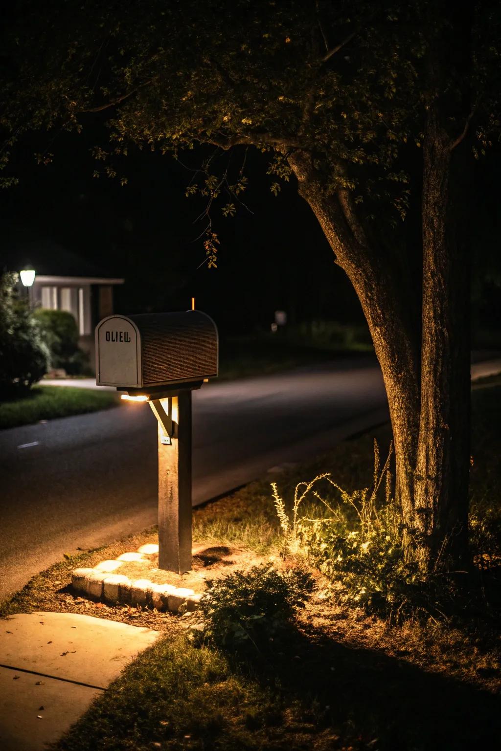 A mailbox with an illuminated base, providing a welcoming glow at night.