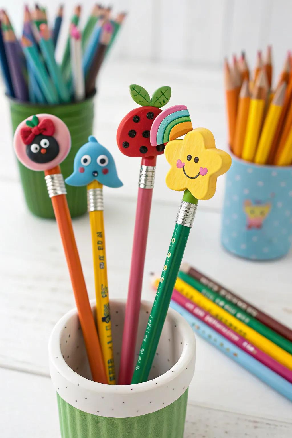 Add a touch of whimsy to your stationery with creative air dry clay pencil toppers.