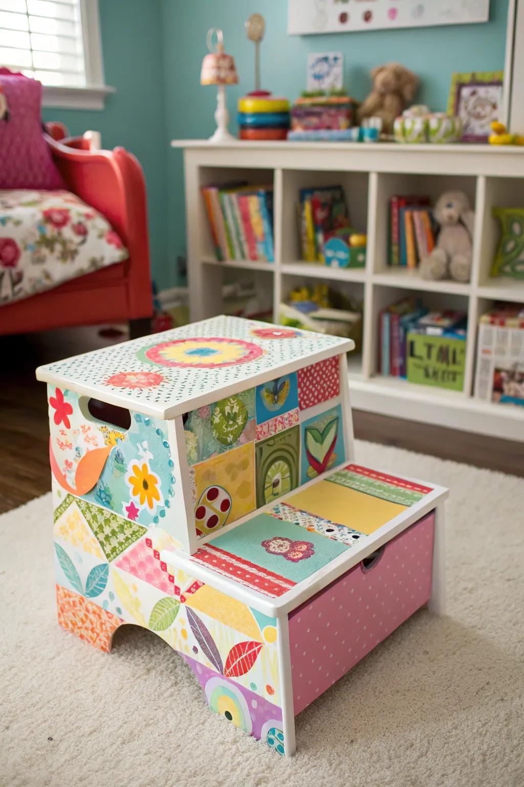 A vibrant step stool decorated with decoupage, perfect for functional decor.