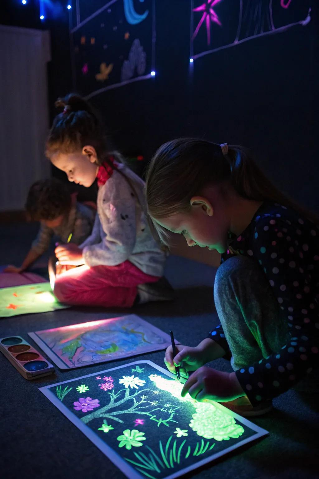 Kids thrilled by glow-in-the-dark painting, creating art that shines in the dark.