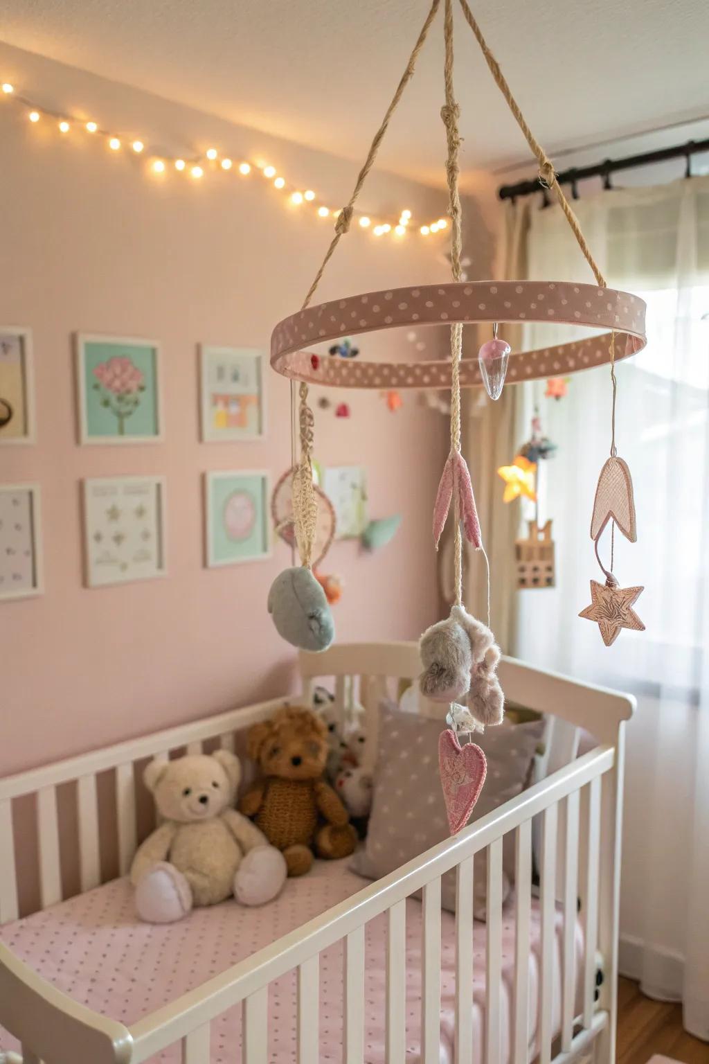 A baby mobile adds whimsy and visual interest without taking up wall space.