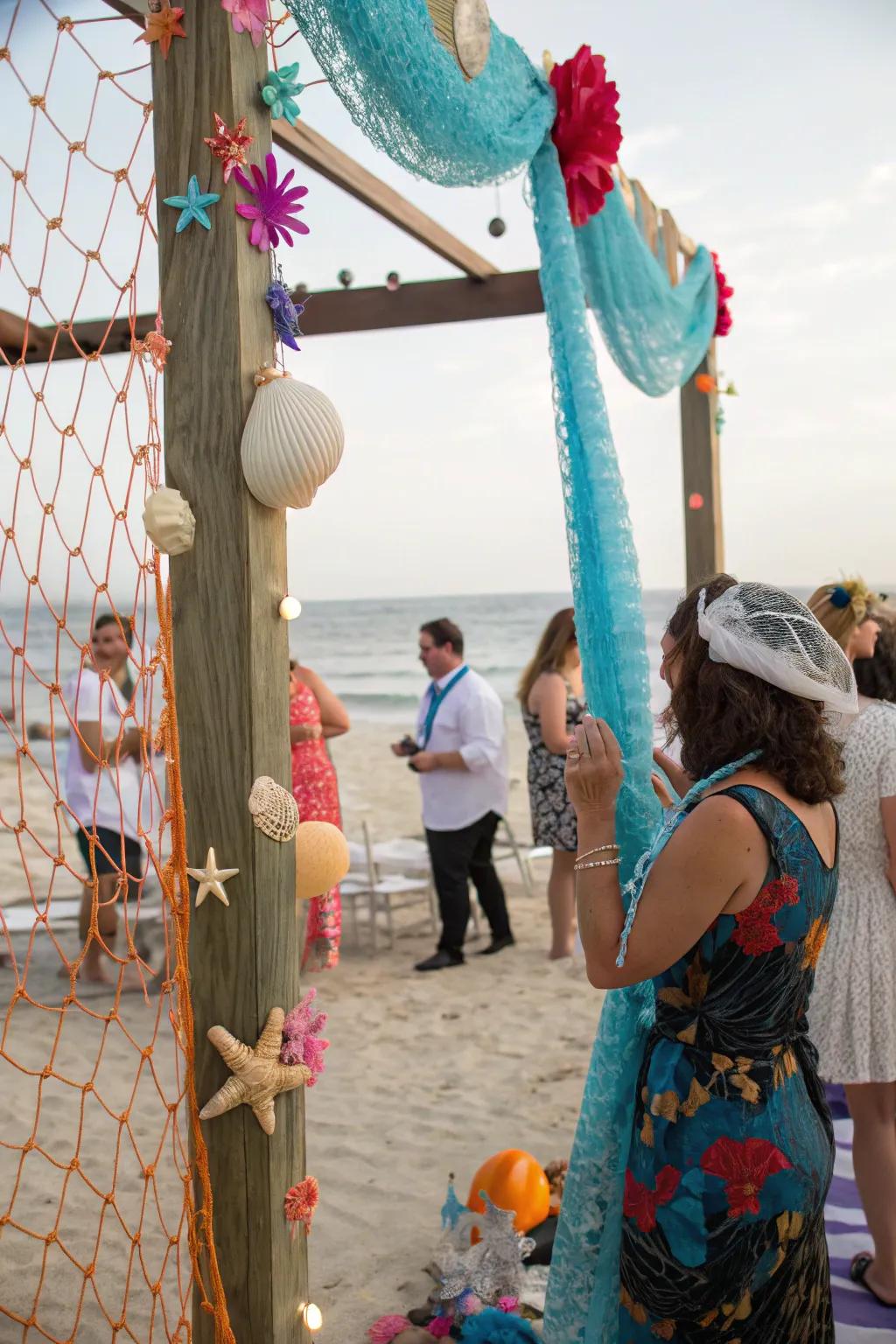 Nautical fishnet accents enhancing the beach party decor.