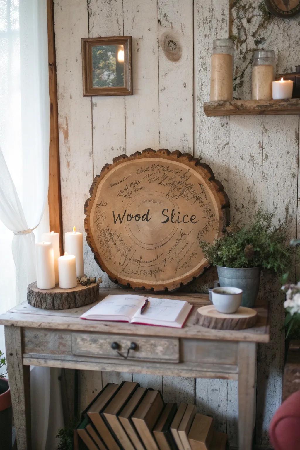 Bring nature into your home with a wood slice guest book.