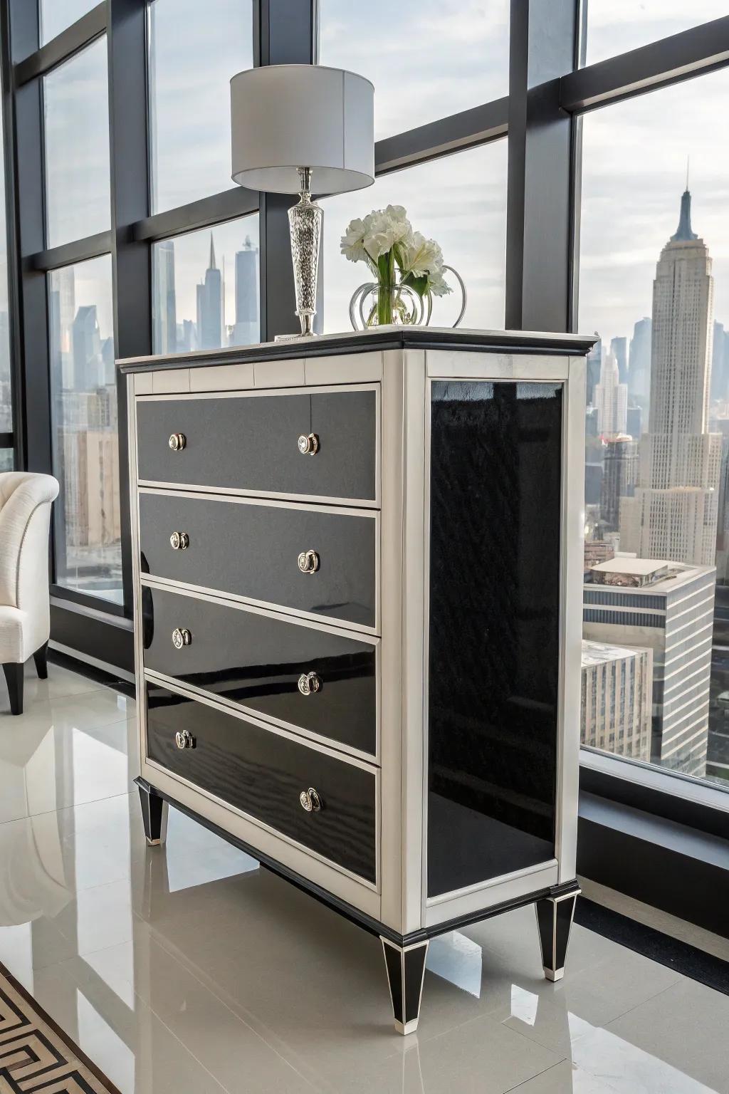 A glossy finish adds a sleek, modern edge to a sophisticated dresser.