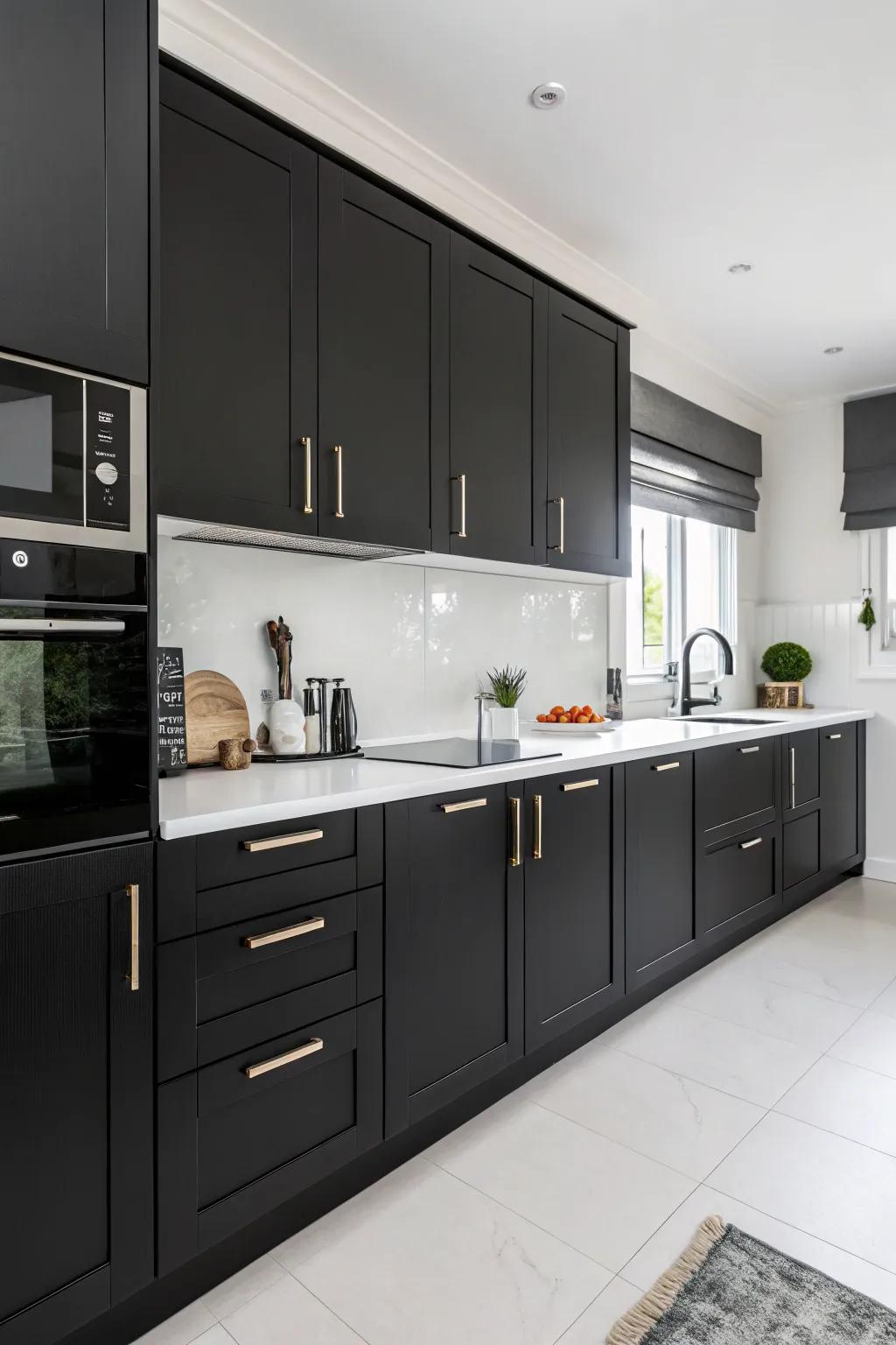 Minimalist hardware creating a clean and modern aesthetic in a kitchen with black cabinetry.