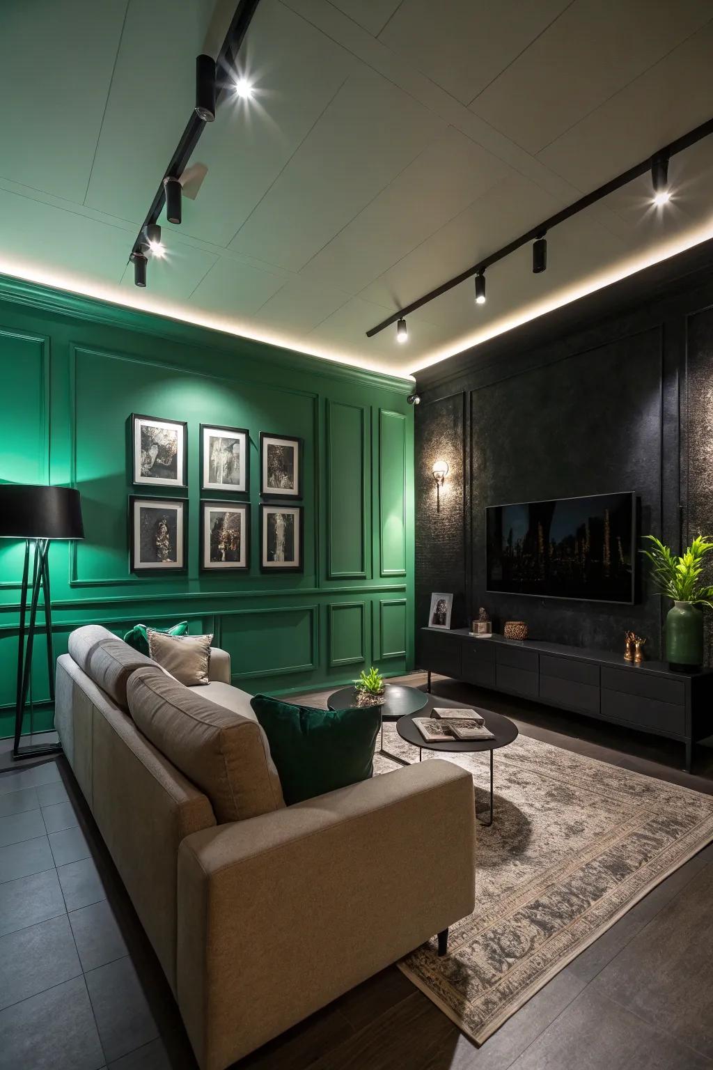 A living room with green-black walls that offer a unique twist.