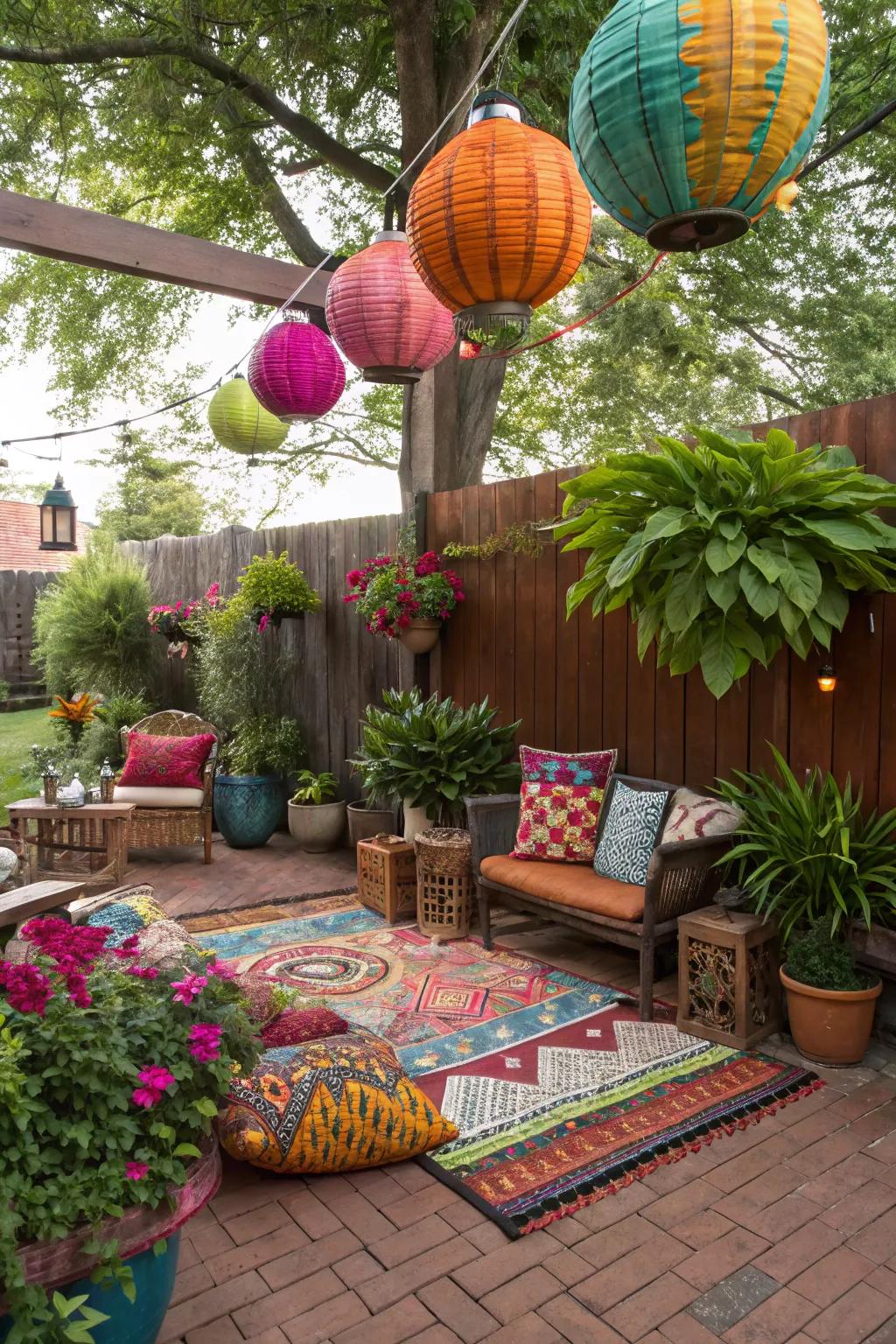 A maximalist brick patio celebrates color and texture.