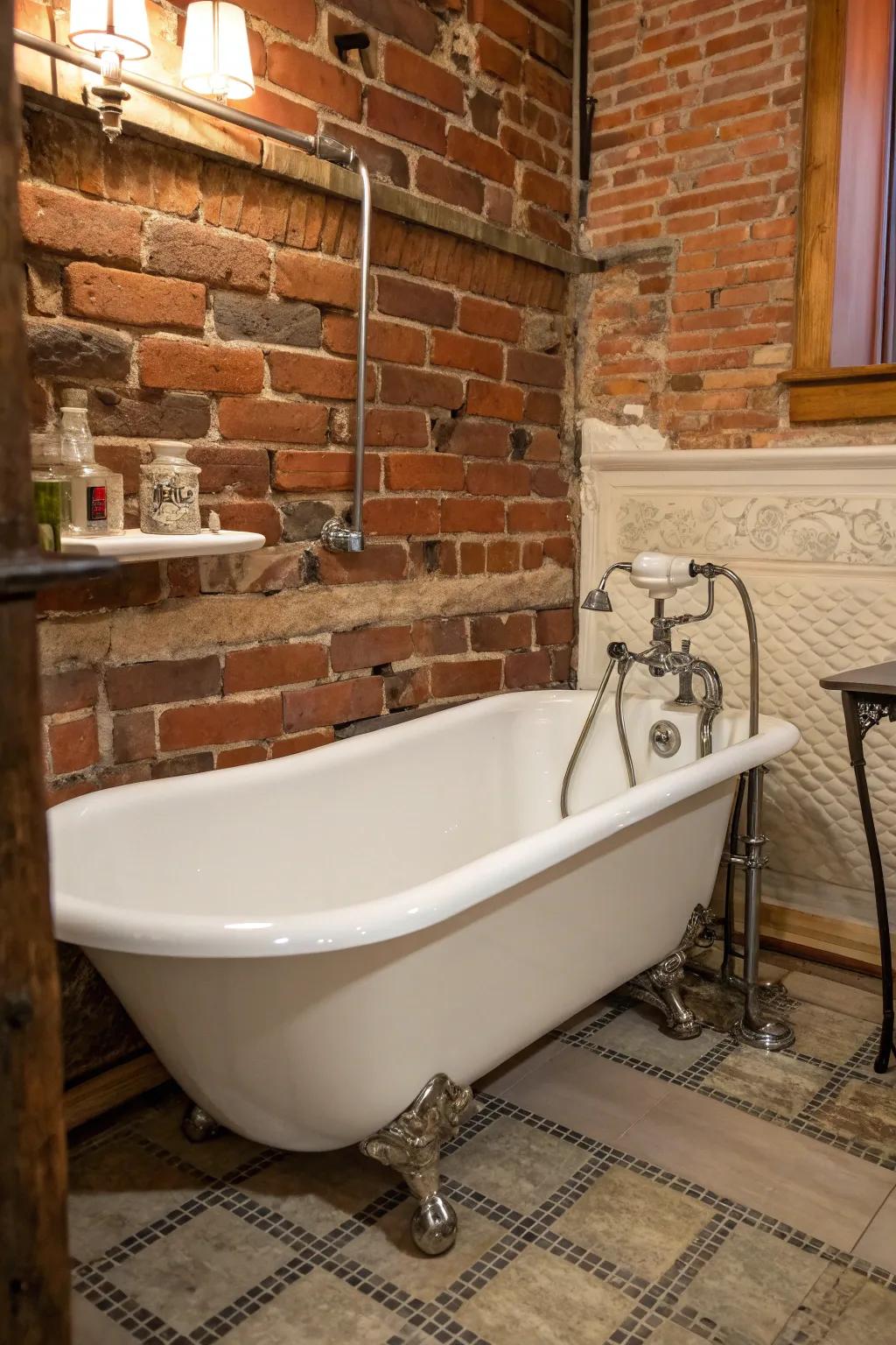 A vintage bathroom with a brick wall exudes timeless elegance and luxury.