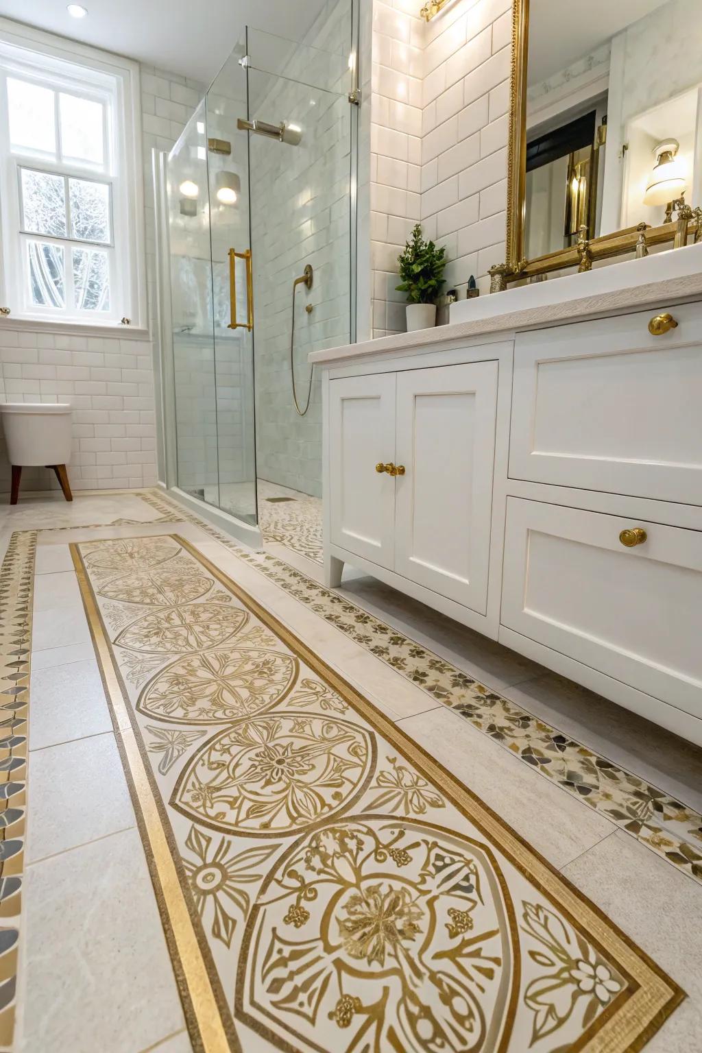 Brushed brass inlay in flooring adding a subtle touch of elegance.