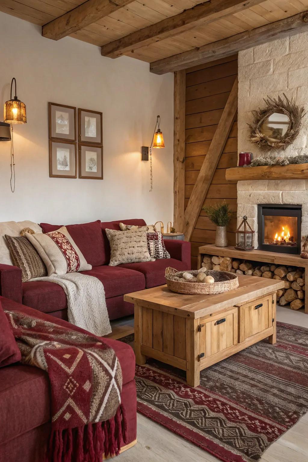 Rustic charm with burgundy creates a cozy, inviting living space.