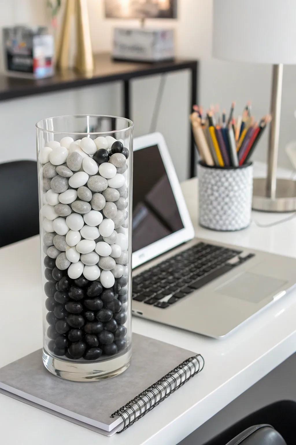 A minimalist candy vase offers a clean and modern aesthetic.