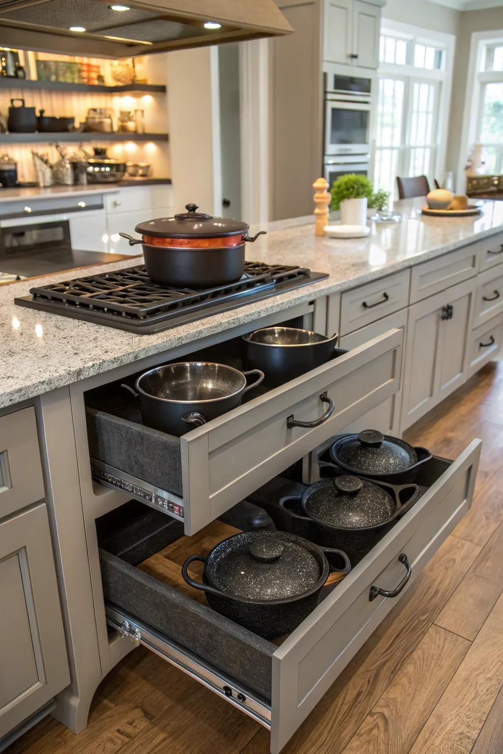 Kitchen island with built-in cast iron storage.