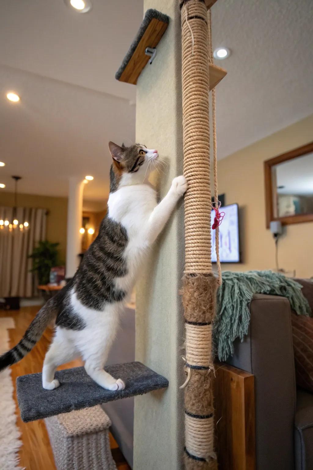 A climbing wall provides an adventurous and active experience for cats.