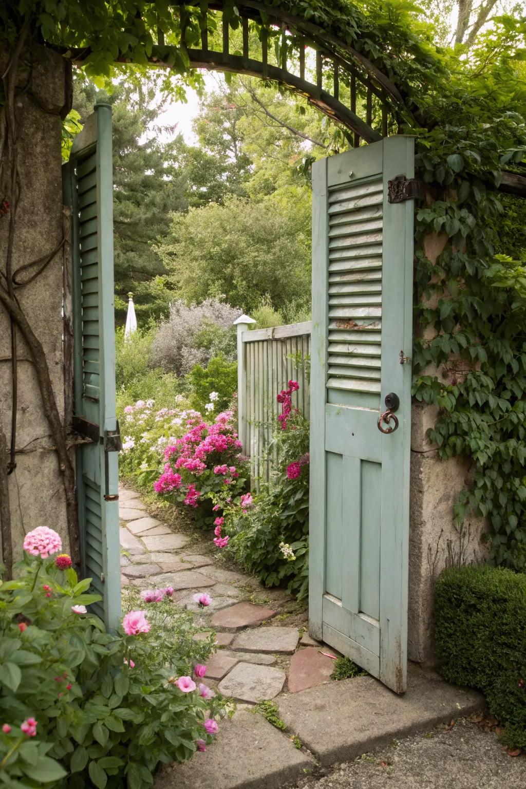 A charming hinged shutter garden gate, adding vintage flair to the garden entrance.