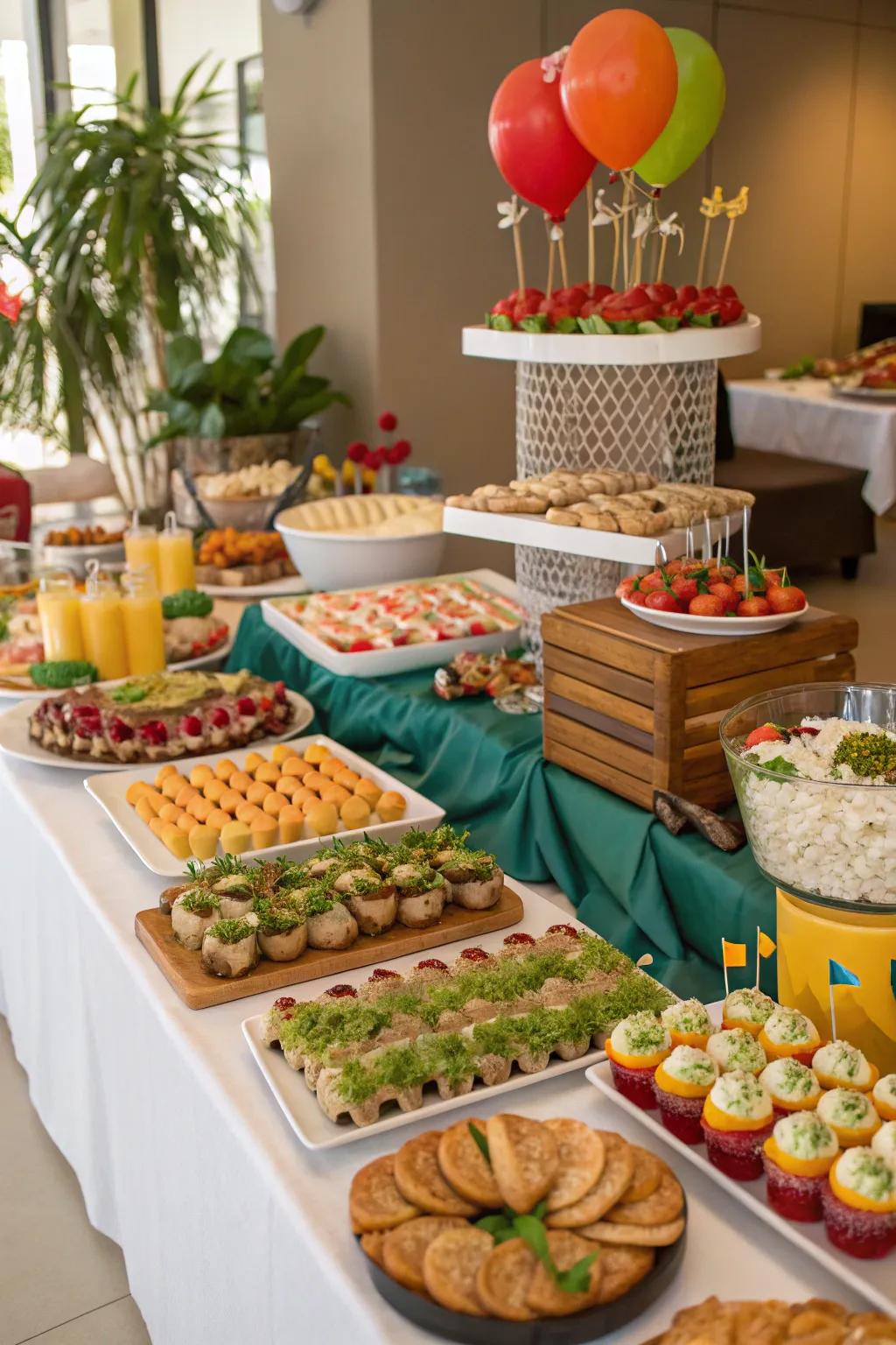 Themed food displays integrate seamlessly into the party atmosphere.