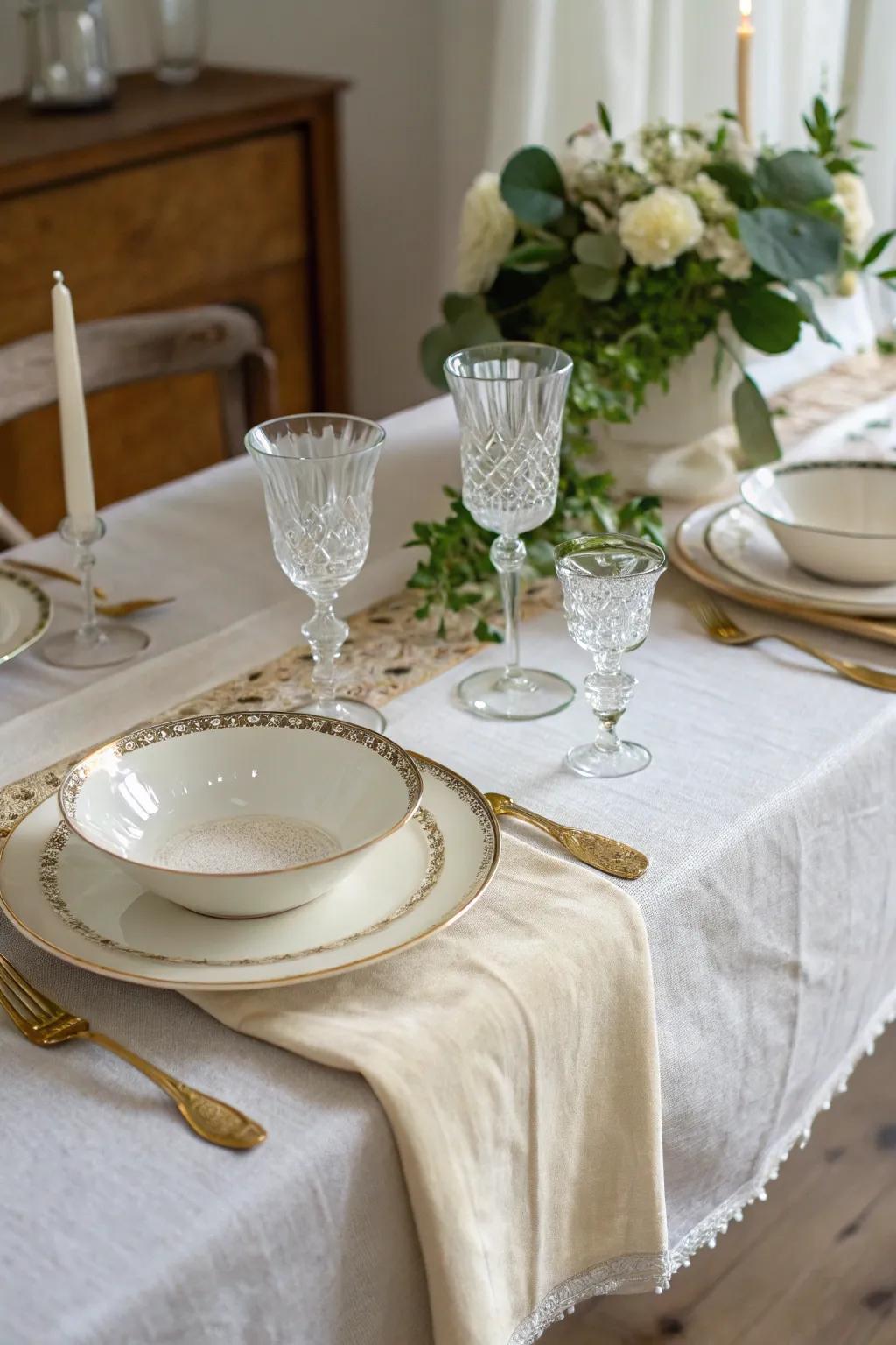 Classic elegance with a cream cheesecloth runner.