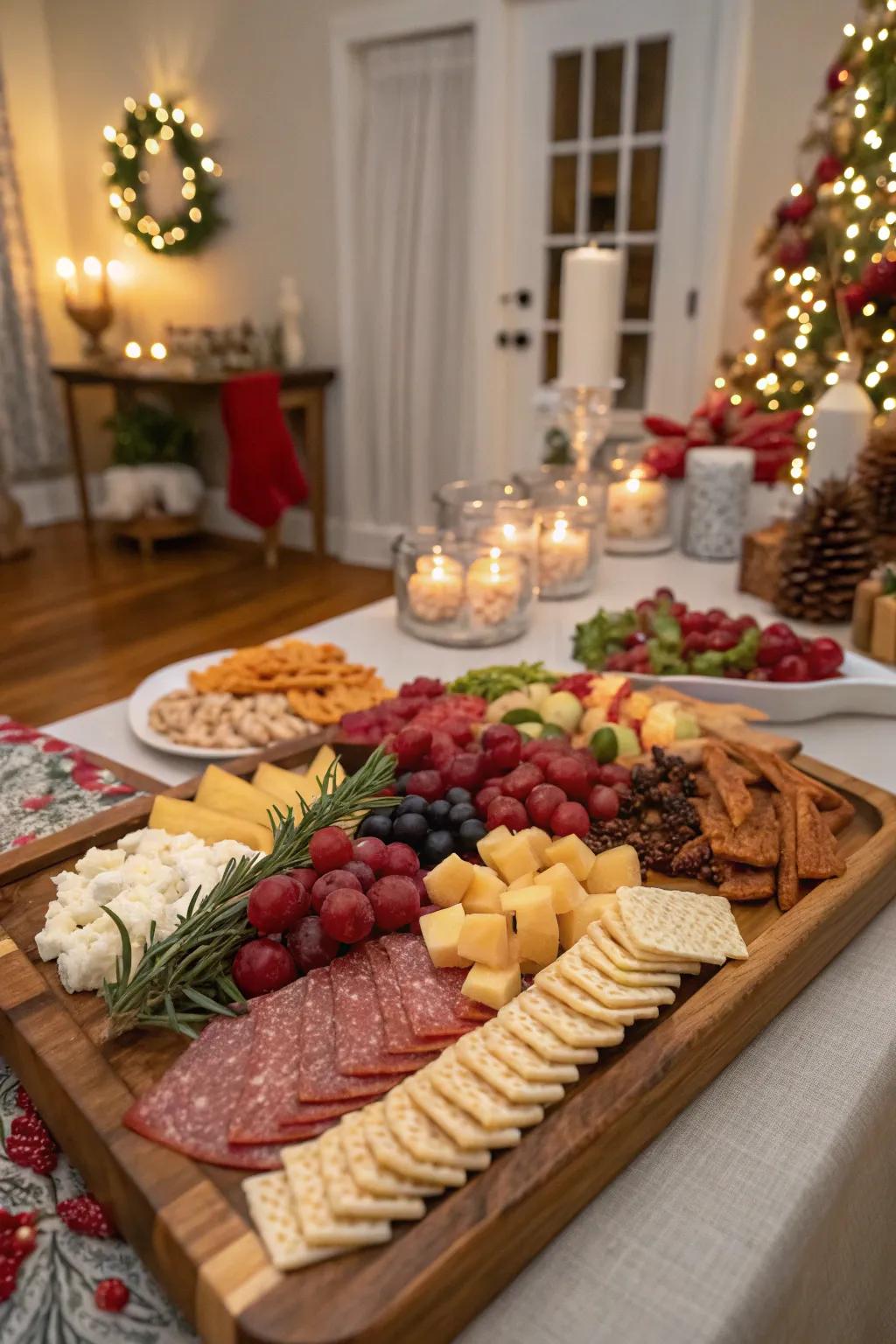 An interactive charcuterie board offers a variety of flavors and textures.