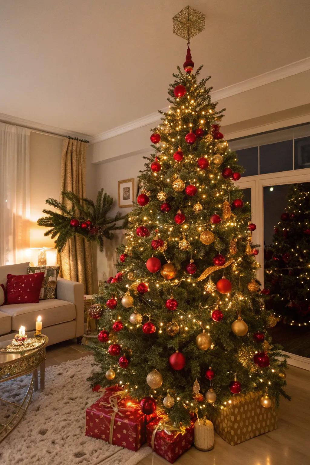 Bring warmth and joy with a vibrant red and gold Christmas tree.