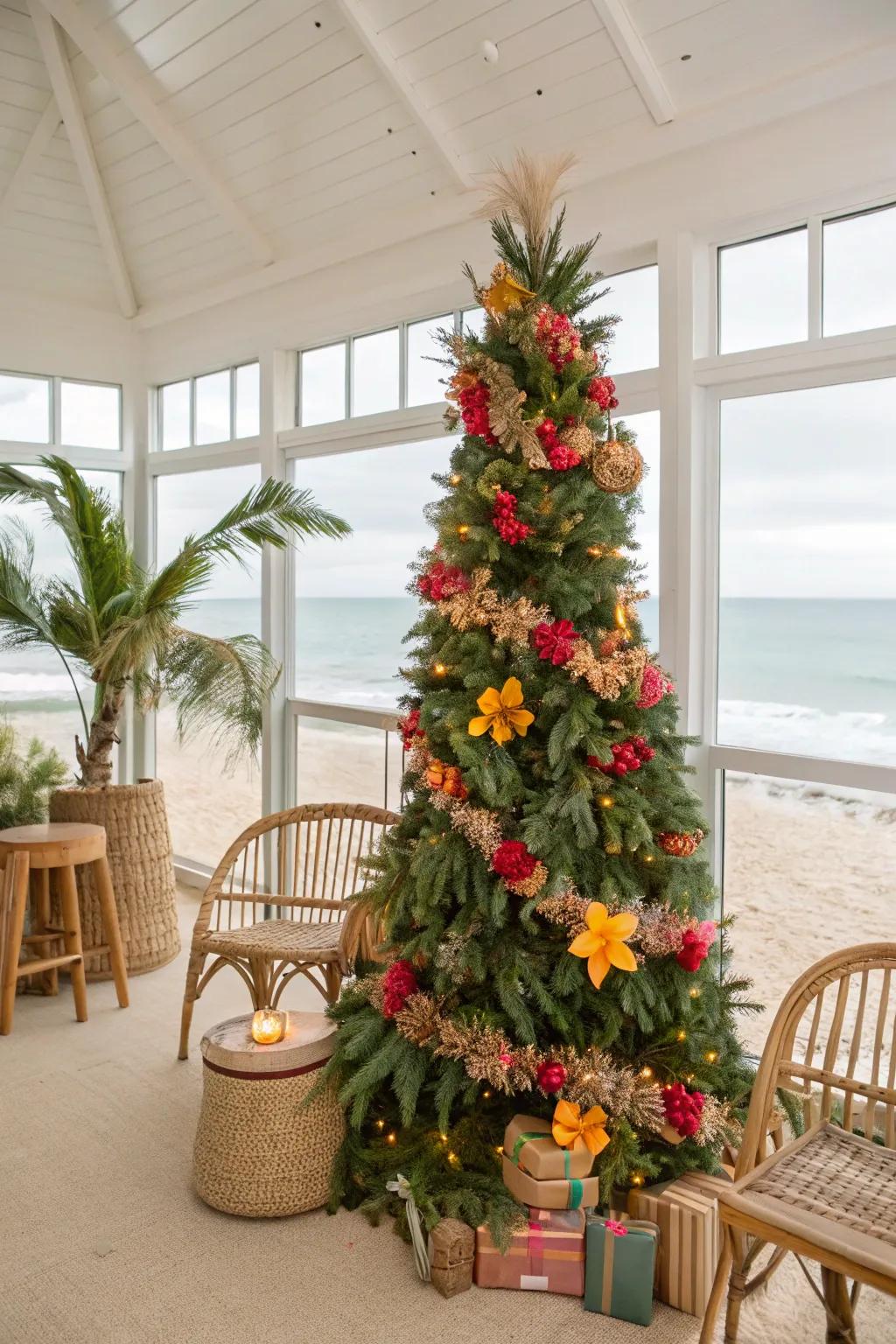 A tropical Christmas tree with seafoam green and coral garlands