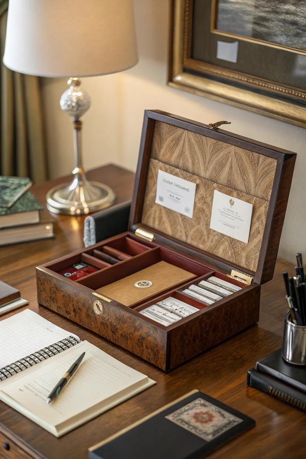 An elegant stationery box from a cigar box organizes your paper goods.