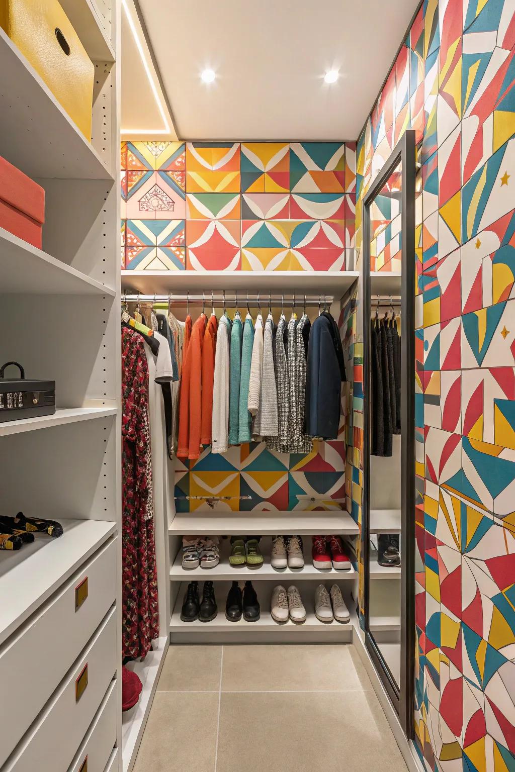 Wallpapered interiors add a personal and stylish touch to your closet space.