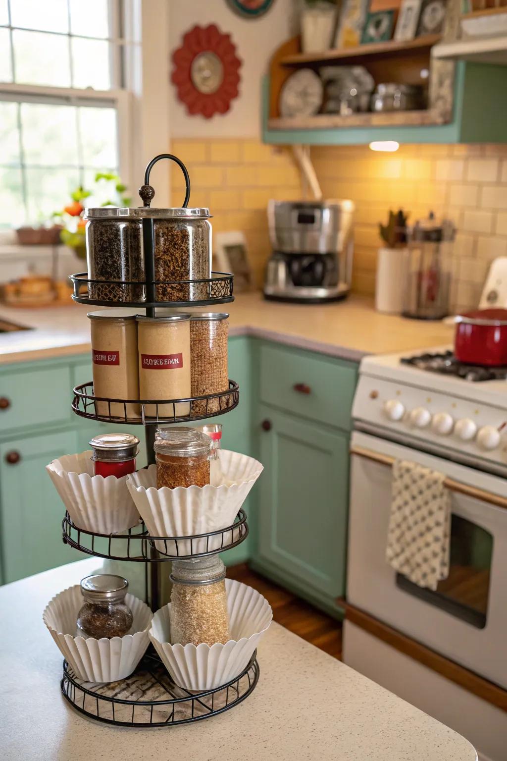 Repurposed spice racks bring creativity to storage solutions.