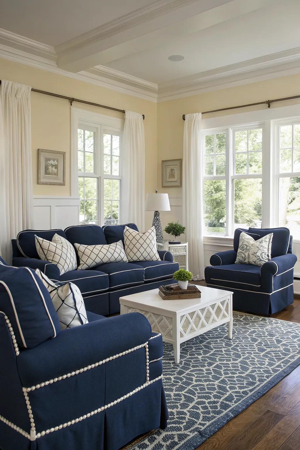 A sophisticated living room with timeless navy hues.