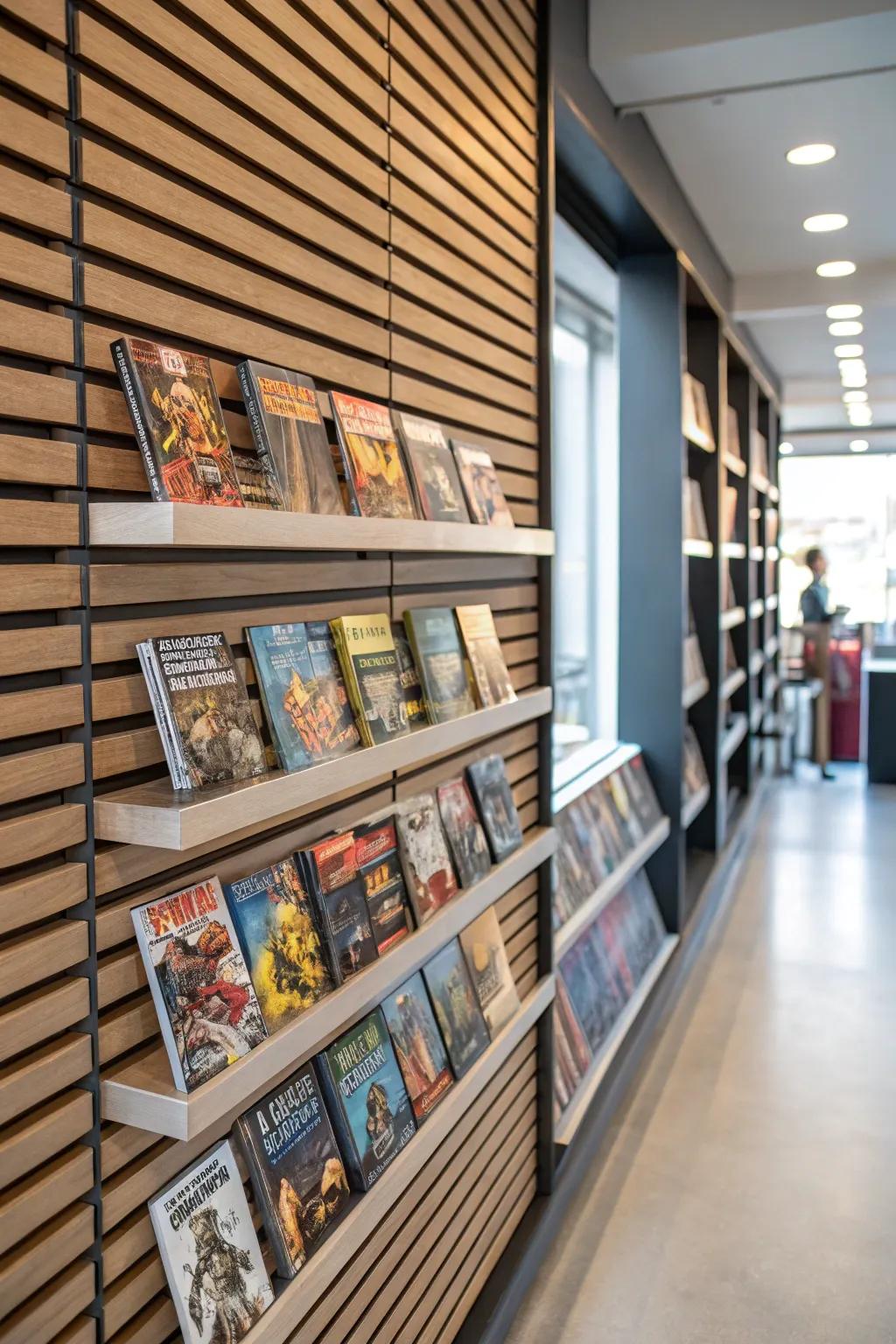 Slatted wall panels offer adaptable comic storage solutions.