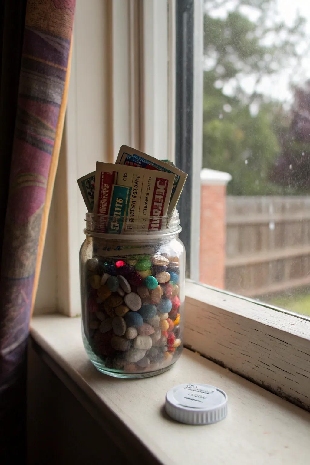 A decorative jar artistically hiding concert tickets.